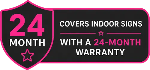 24 month warranty badge for indoor LED neon signs by Beyond Neon Signs Australia shown in footer with pink shield icon and dark grey background