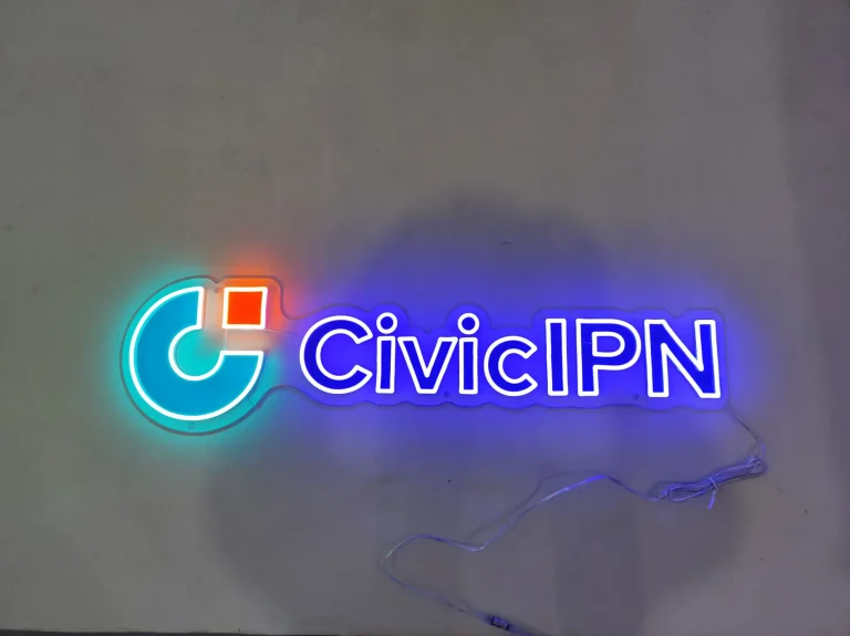 Red script LED neon sign with flame design for Storerom retail store window display in Australia