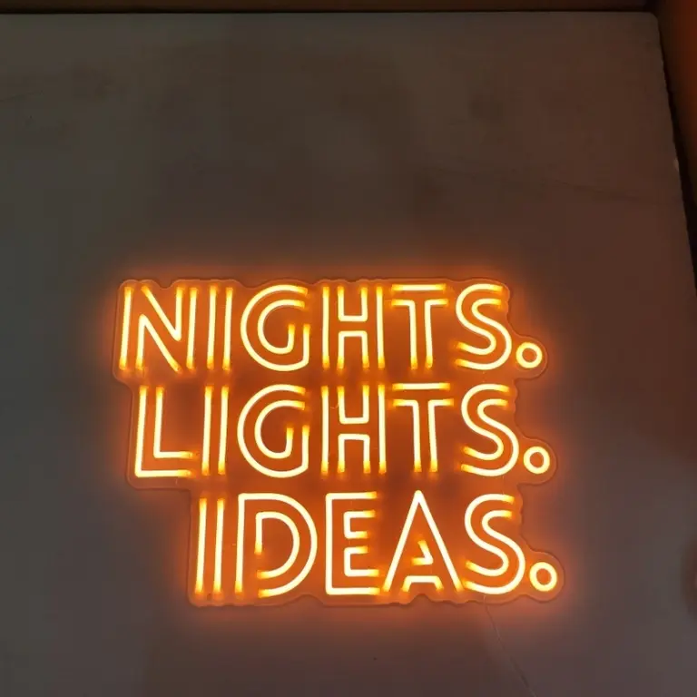 Orange LED neon sign reading NIGHTS LIGHTS IDEAS on a plain wall ideal for creative office decor