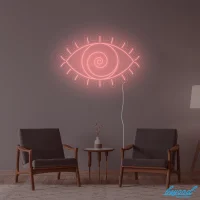 Hypnotising swirling neon eye sign with vibrant colour and modern design