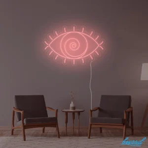 Hypnotising swirling neon eye sign with vibrant colour and modern design