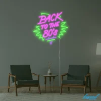 Back to the 80s LED neon sign glowing vibrant pink and blue, perfect for retro Aussie rooms