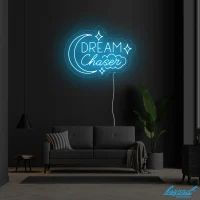 Dream Chaser Moon and Stars LED neon sign glowing vibrant blue and yellow in Australia interior