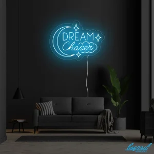 Dream Chaser Moon and Stars LED neon sign glowing vibrant blue and yellow in Australia interior