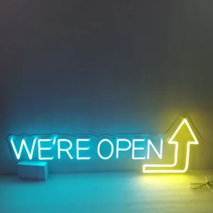 We're Open Arrow LED neon sign glowing bright red and white, perfect for Australian businesses' signage