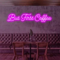 But First Coffee LED neon sign glowing warm yellow colour, perfect for Australian cafes and kitchens