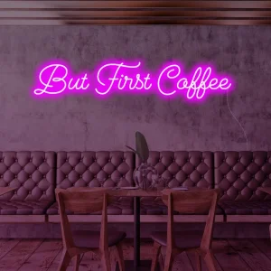 But First Coffee LED neon sign glowing warm yellow colour, perfect for Australian cafes and kitchens