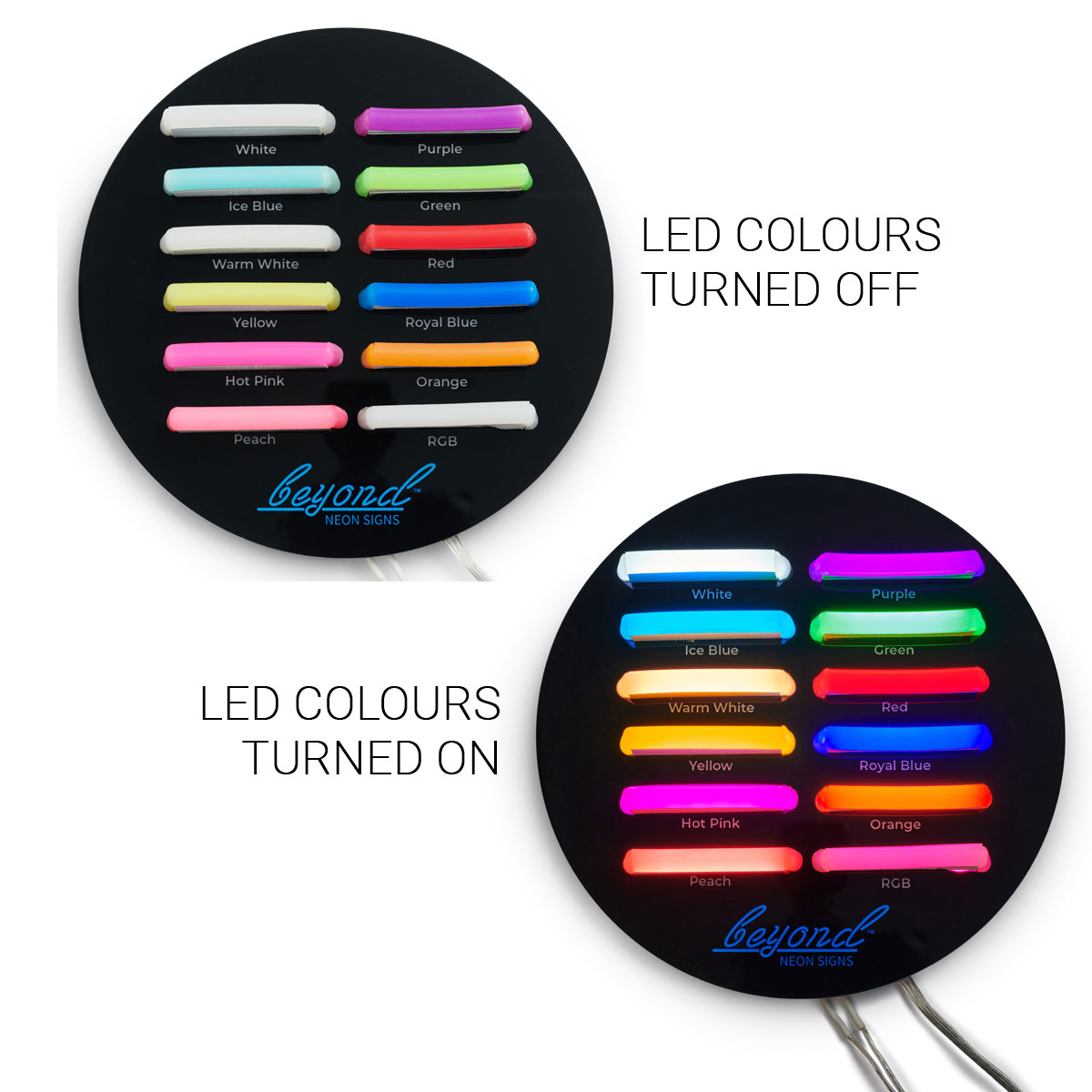 Colour chart image showing neon sign color options for custom LED neon signs