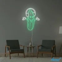 Premium Pickle & Headphones LED neon sign glowing vibrant green and pink in Australia