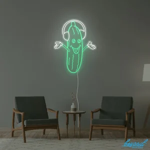 Premium Pickle & Headphones LED neon sign glowing vibrant green and pink in Australia