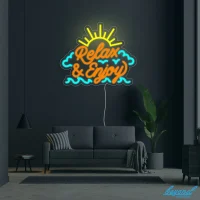 Relax and Enjoy LED neon sign glowing vibrant and colourful in a cosy Australian living room