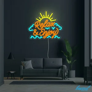 Relax and Enjoy LED neon sign glowing vibrant and colourful in a cosy Australian living room