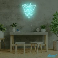 Ride The Wave LED neon sign glowing vibrant blue colours with a dynamic wave design in Australia