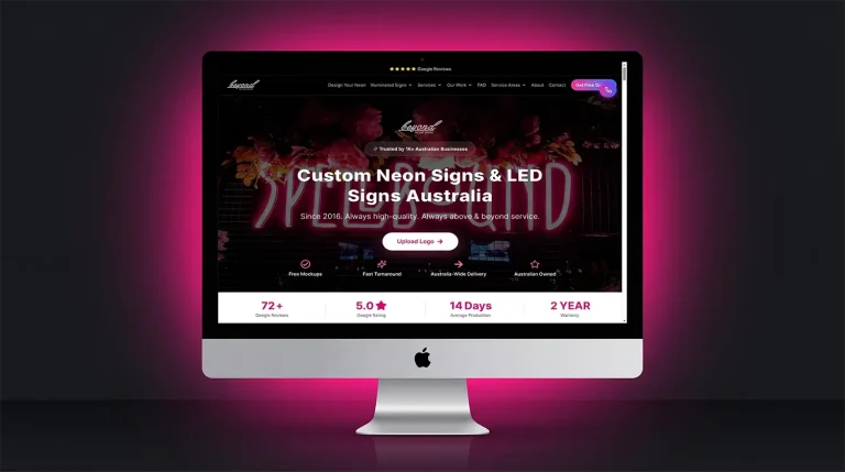 24 month warranty badge for indoor LED neon signs by Beyond Neon Signs Australia shown in footer with pink shield icon and dark grey background