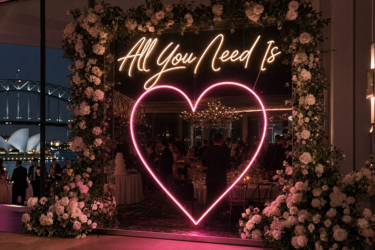 All You Need Is Love neon heart sign Sydney Harbour wedding reception 2026