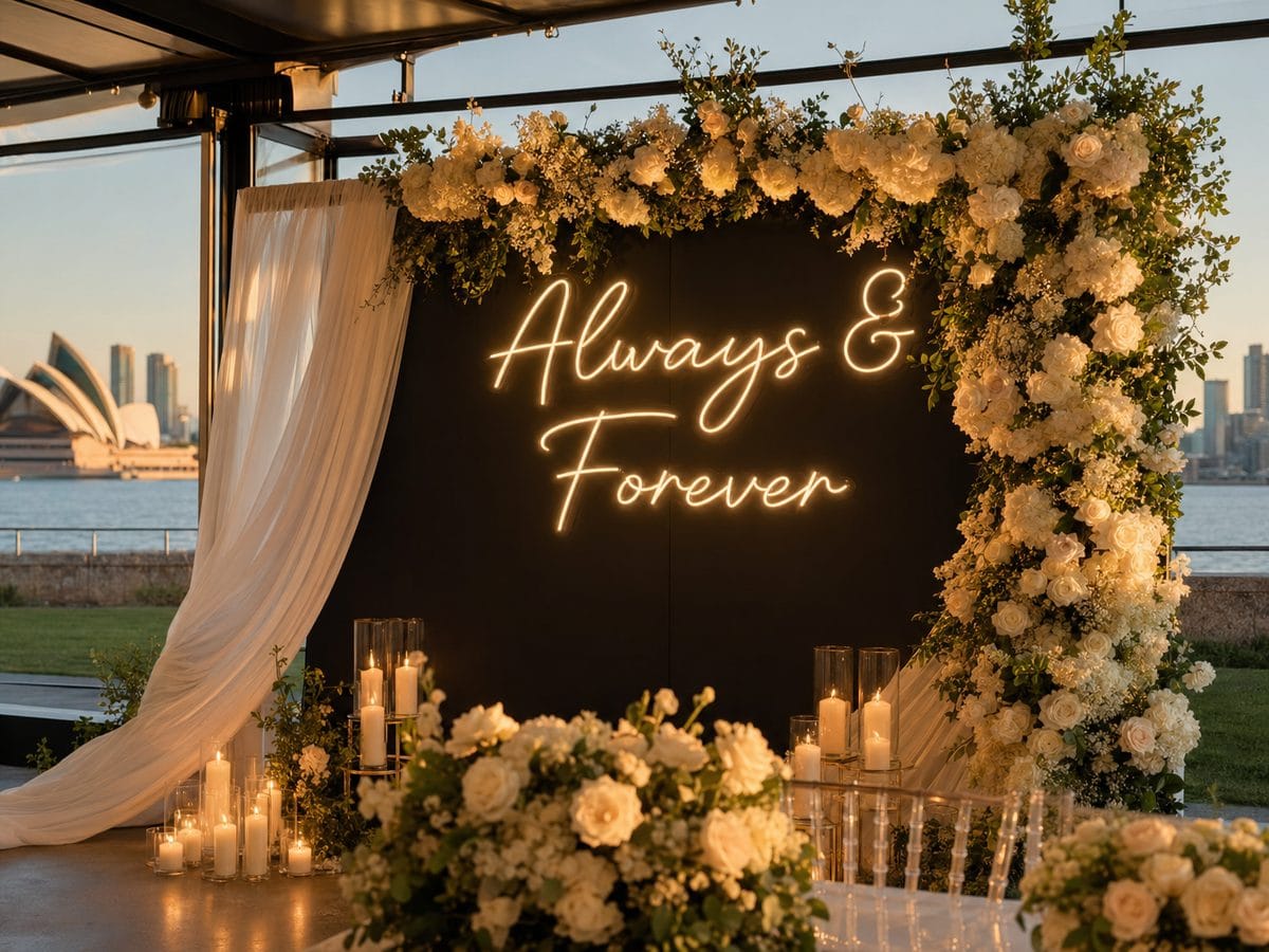 Always and Forever golden LED neon sign on wedding ceremony backdrop with floral arch and Sydney Opera House view 2026