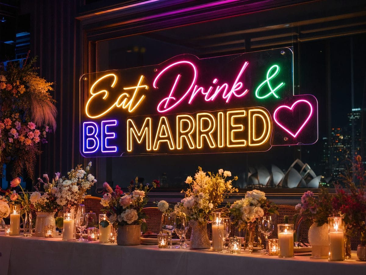 Eat Drink and Be Married multicolour LED neon sign above wedding reception banquet table Sydney Opera House view
