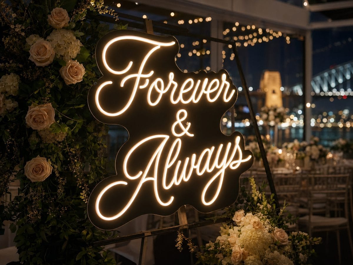 Forever and Always LED neon sign at a Sydney wedding reception with Harbour Bridge in background 2026