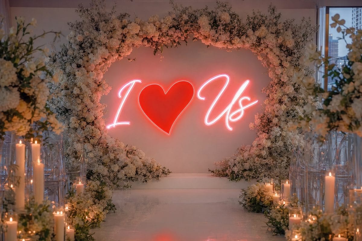 I heart Us neon sign wedding ceremony floral arch Sydney 2026