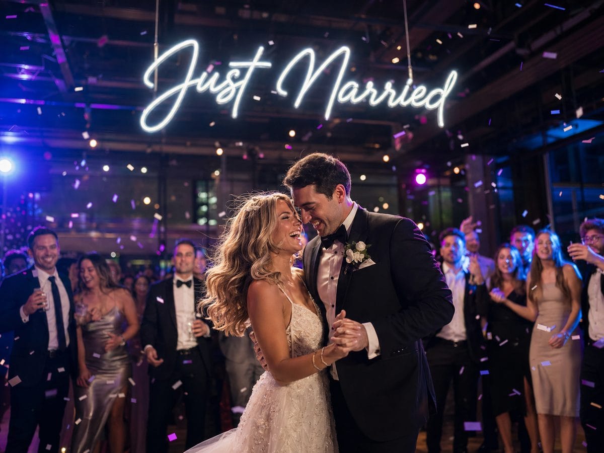 Just married neon sign wedding dance floor Sydney 2026