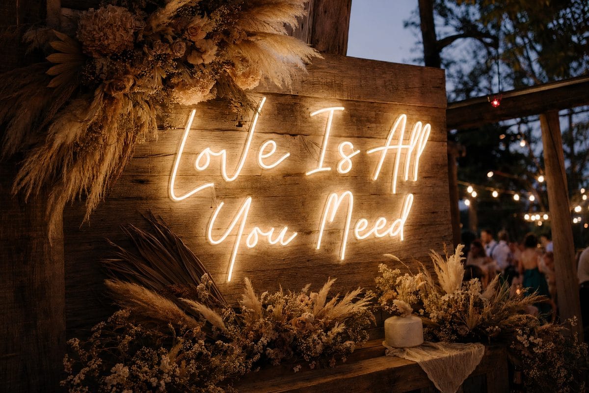 Love Is All You Need neon sign boho outdoor wedding Sydney 2026