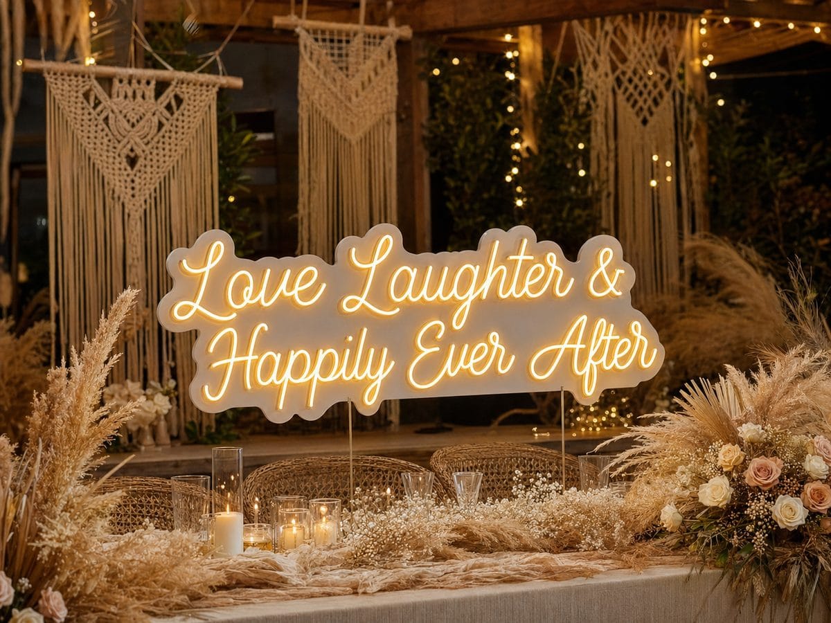 Love Laughter and Happily Ever After golden neon sign at boho wedding reception with macrame and pampas grass 2026
