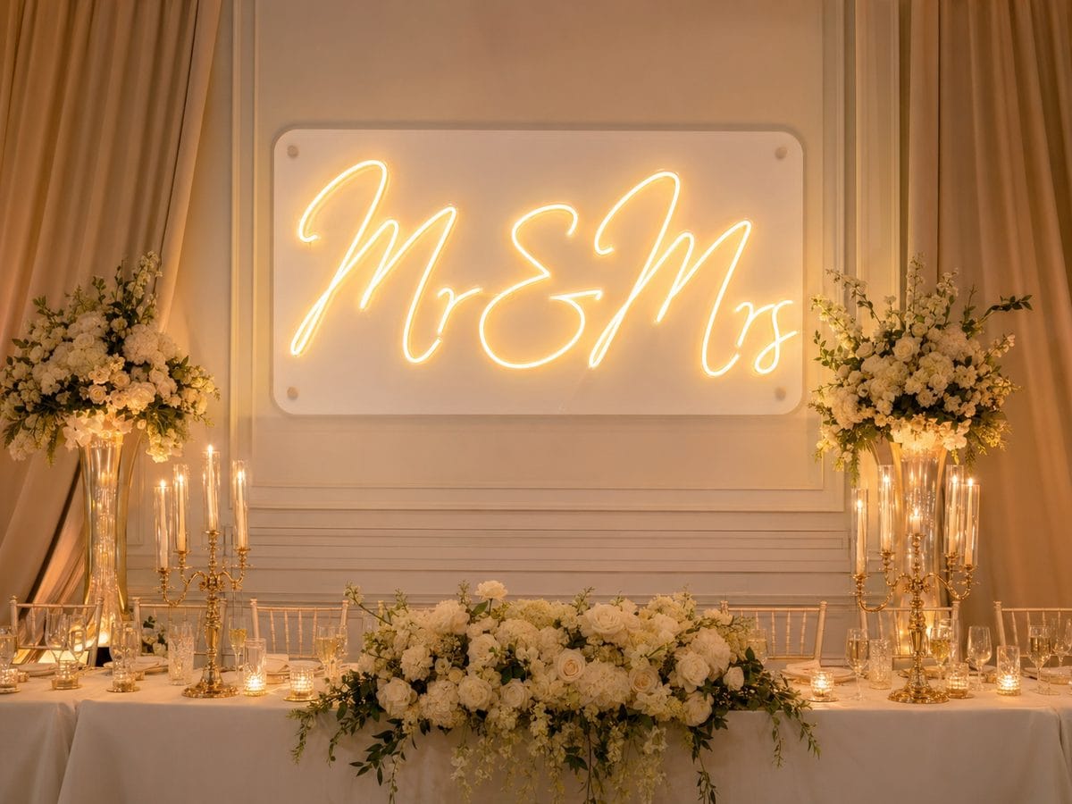 Mr and Mrs neon sign wedding head table Sydney 2026