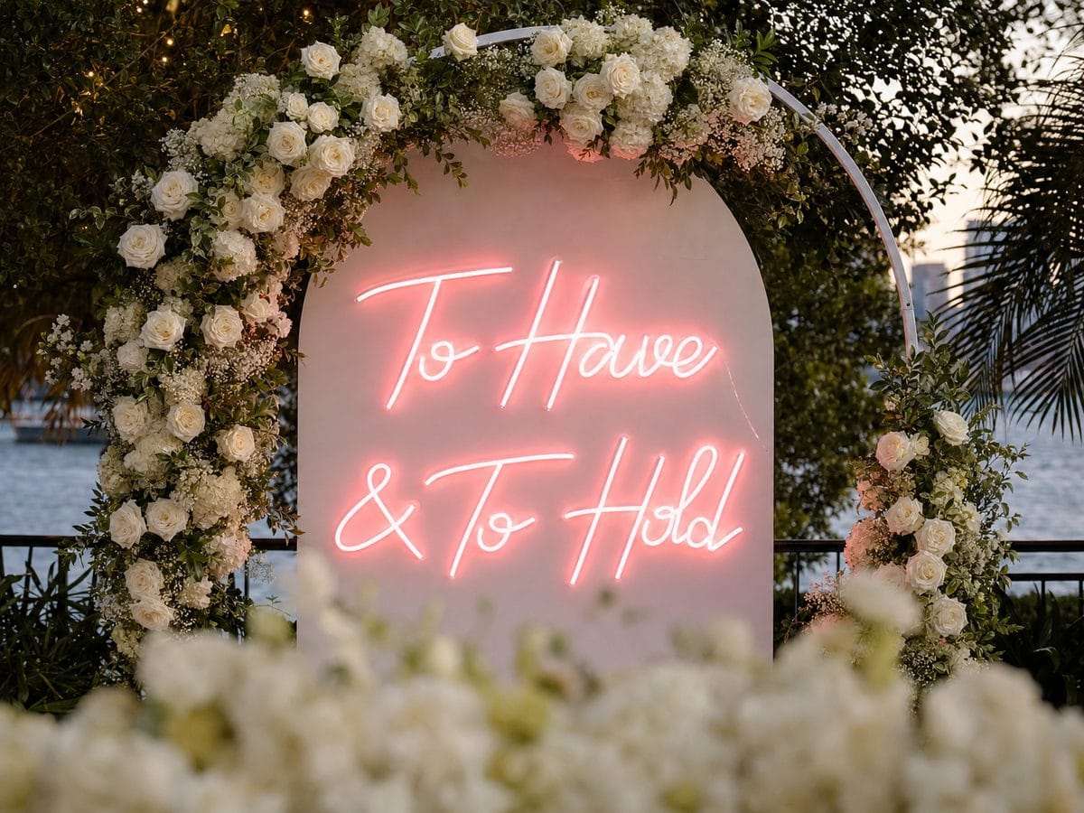 To Have and To Hold pink LED neon sign at a Sydney garden wedding ceremony arch 2026