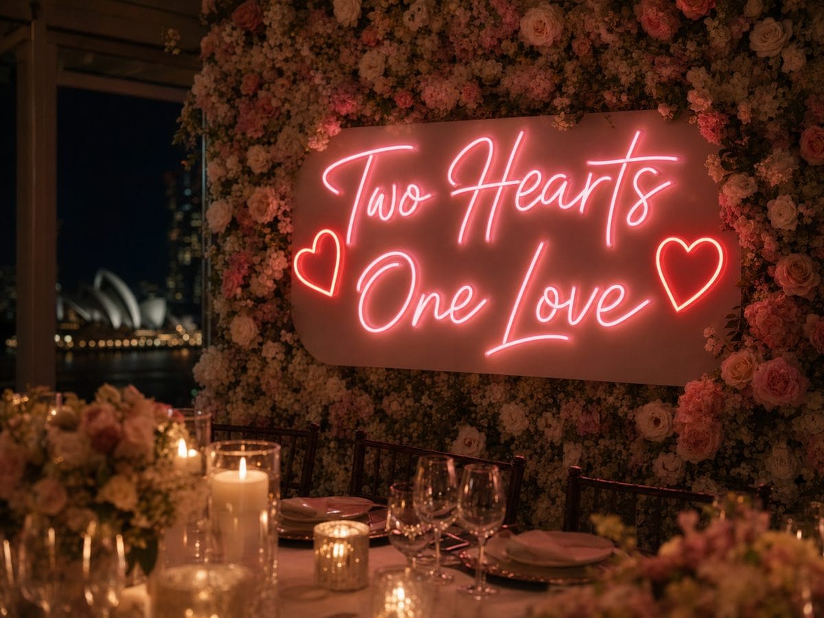 Two Hearts One Love red LED neon sign with heart symbols on floral wall at Sydney wedding reception 2026