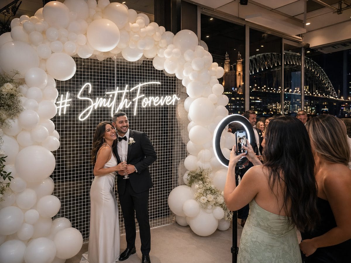 Wedding hashtag neon sign photo booth Sydney 2026