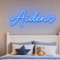 Aiden Name LED Neon Sign - electric blue cursive script with heart on contour cut acrylic