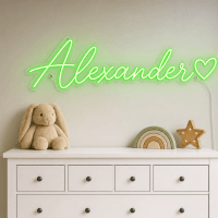 Alexander Name LED Neon Sign - vivid green cursive script with heart on contour cut acrylic