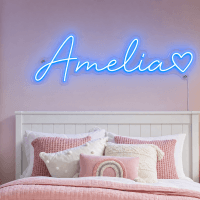 Amelia Name LED Neon Sign - electric blue cursive script with heart on contour cut acrylic