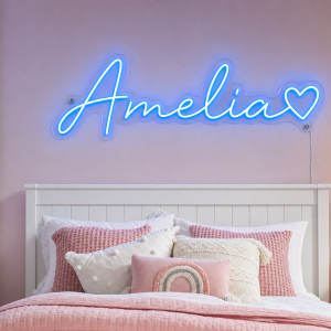 Amelia Name LED Neon Sign - electric blue cursive script with heart on contour cut acrylic