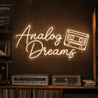 Analog Dreams neon text sign glowing on wall