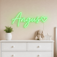 Angus Name LED Neon Sign - vivid green cursive script with heart on contour cut acrylic