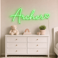 Archer Name LED Neon Sign - vivid green cursive script with heart on contour cut acrylic
