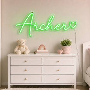 Archer Name LED Neon Sign - vivid green cursive script with heart on contour cut acrylic