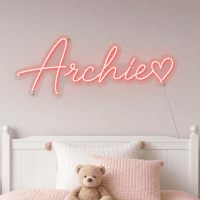 Archie Name LED Neon Sign - vivid red cursive script with heart on contour cut acrylic
