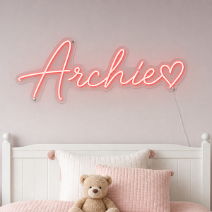 Archie Name LED Neon Sign - vivid red cursive script with heart on contour cut acrylic