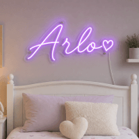 Arlo Name LED Neon Sign - electric purple cursive script with heart on contour cut acrylic