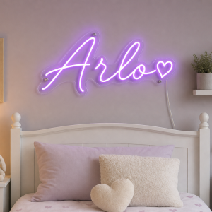 Arlo Name LED Neon Sign - electric purple cursive script with heart on contour cut acrylic