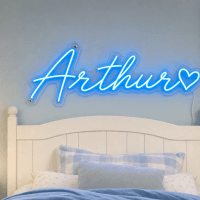 Arthur Name LED Neon Sign - electric blue cursive script with heart on contour cut acrylic