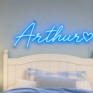 Arthur Name LED Neon Sign - electric blue cursive script with heart on contour cut acrylic
