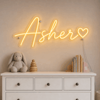 Asher Name LED Neon Sign - warm golden yellow cursive script with heart on contour cut acrylic