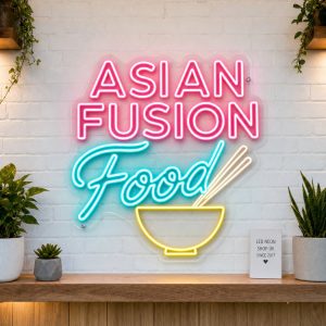 Asian Fusion Food LED neon sign on clear acrylic backing mounted on white brick wall