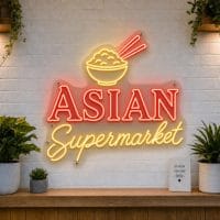 Asian Supermarket LED neon sign with rice bowl and chopsticks icons on clear acrylic backing