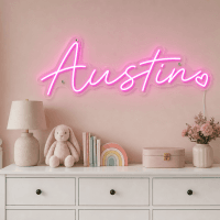 Austin Name LED Neon Sign - hot pink cursive script with heart on contour cut acrylic