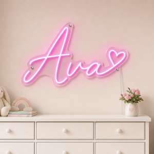 Ava Name LED Neon Sign - hot pink cursive script with heart on contour cut acrylic