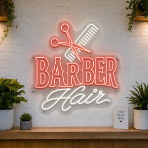 barber-hair-led-neon-sign Barber Hair LED neon sign with barber pole and scissors icons on clear acrylic backing